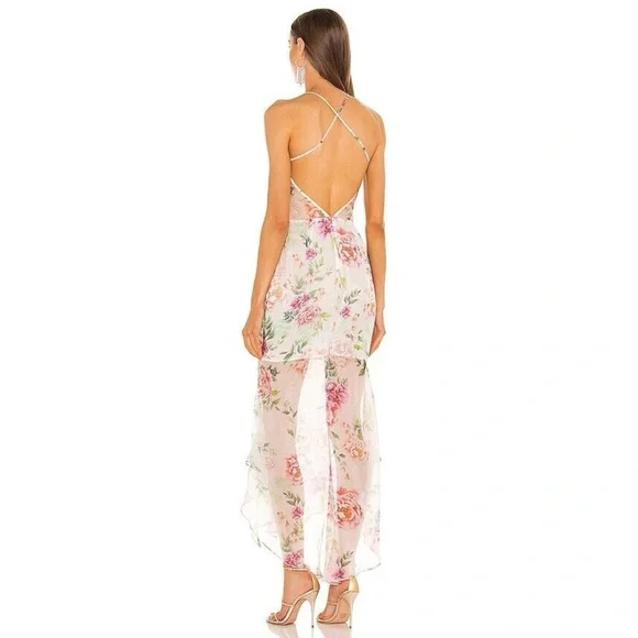 Sau Lee Frieda Silk Cowl Neck High Low Ruched Dress in White Pink Floral Size 4 - Picture 2 of 11